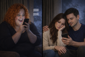 Third-party interference in romantic relationships shown through a split image of an outside individual texting and a couple affected by lack of emotional boundaries and boundary leadership.